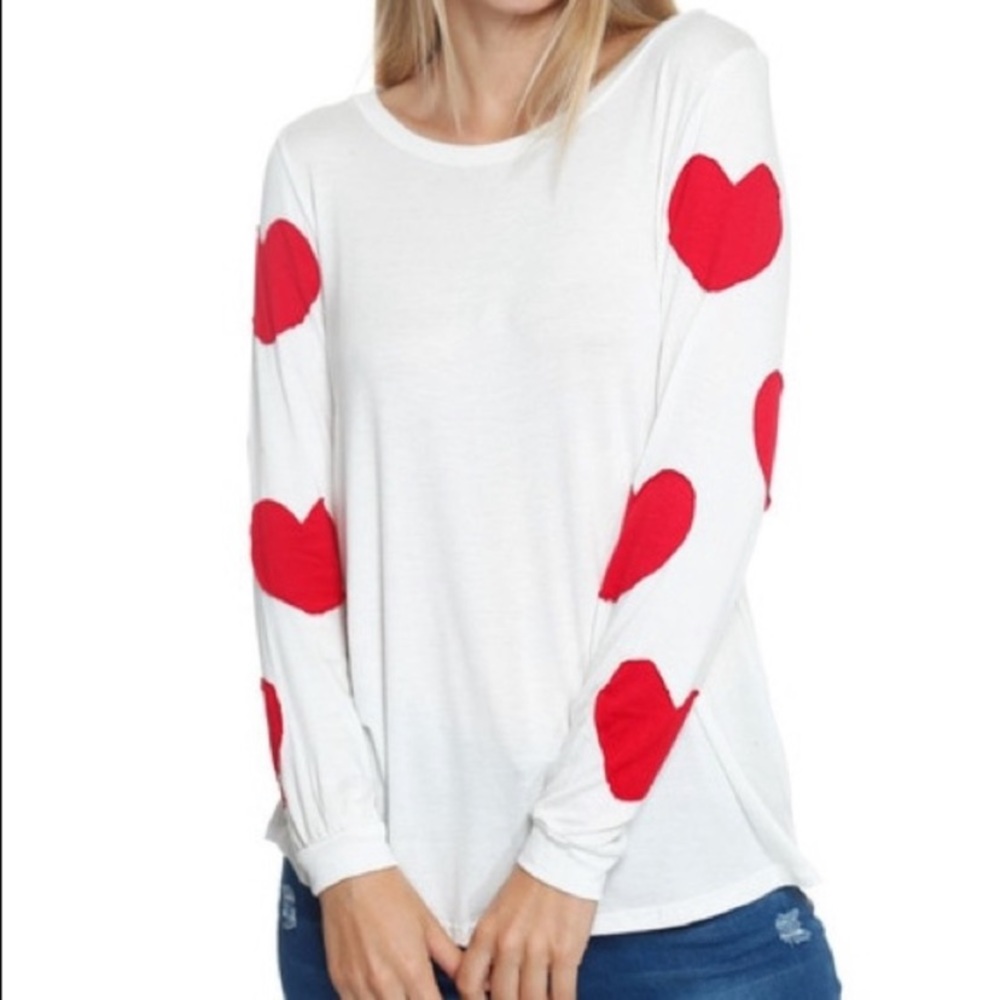 White Long Sleeve Top W/Red Hearts Down Arm Size M